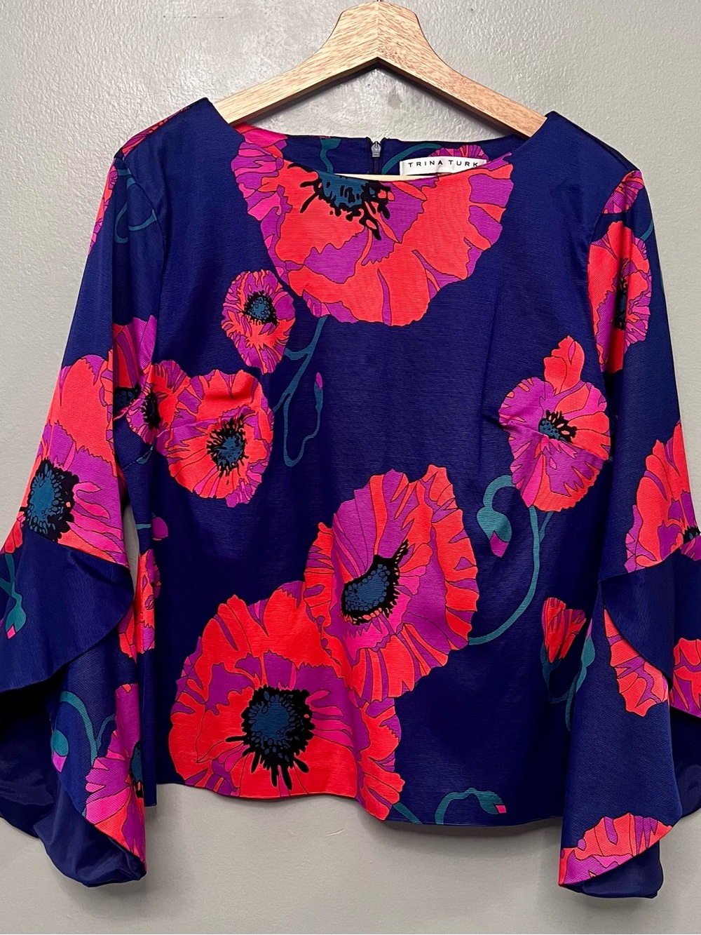 Trina Turk Grande Jete Bell Sleeve Blue Note Poppy Floral Statement Top XL
